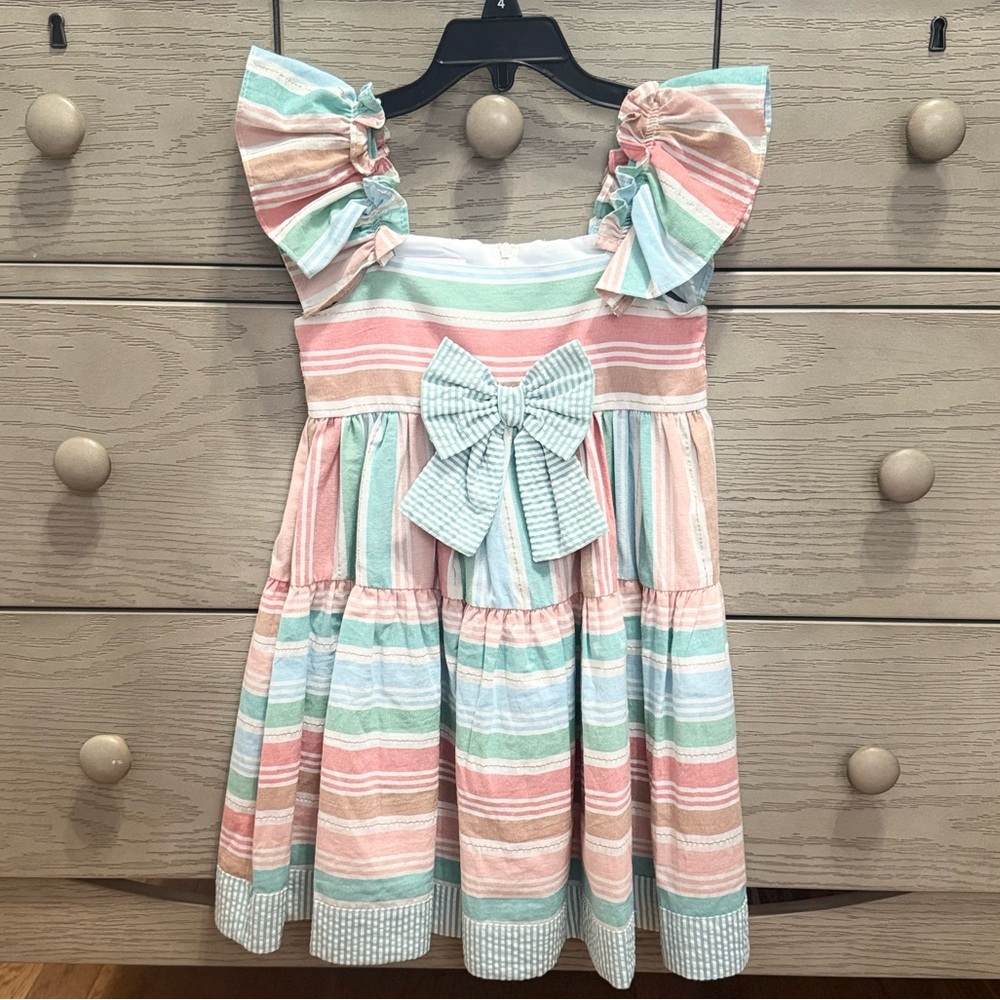 NWOT Striped Pastel Girls Dress with Bow Detail